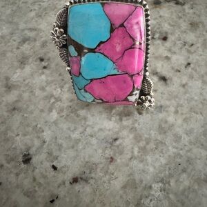 Turquoise and Pink Stone Silver Ring